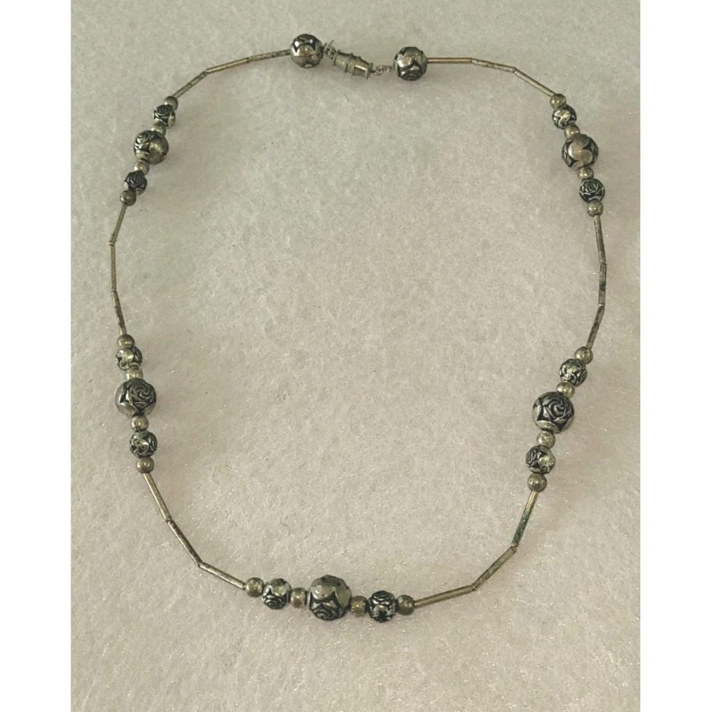 Vintage Rose Bead Necklace Floral Etched Silver Tone Barrel Clasp 16in